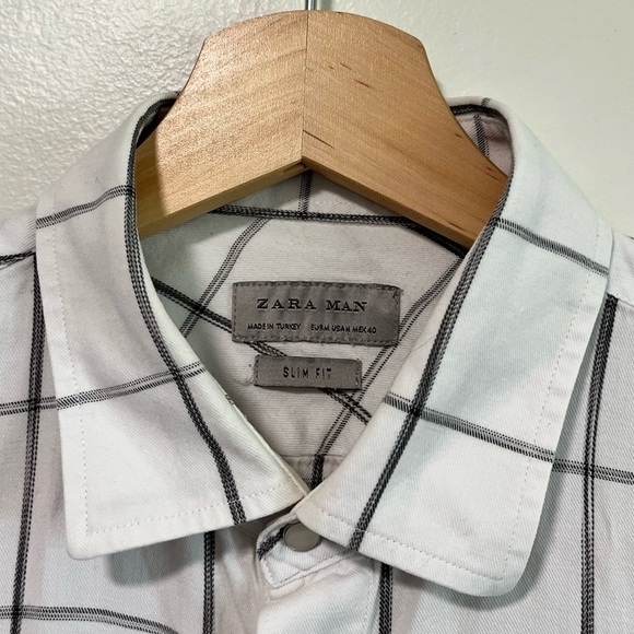 Zara Man Slim Fit White & Black Grid Plaid Button-Down Shirt Size M - Picture 3 of 8